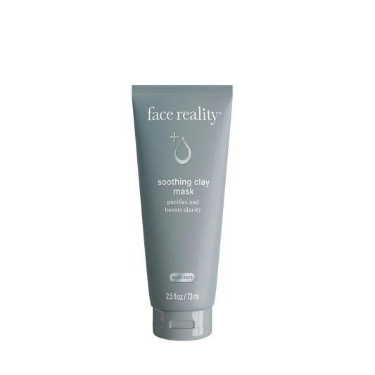 Face Reality Soothing Clay Mask 2.5 oz tube, creamy triple clay and charcoal mask that absorbs oil and decongests acne-prone skin without drying