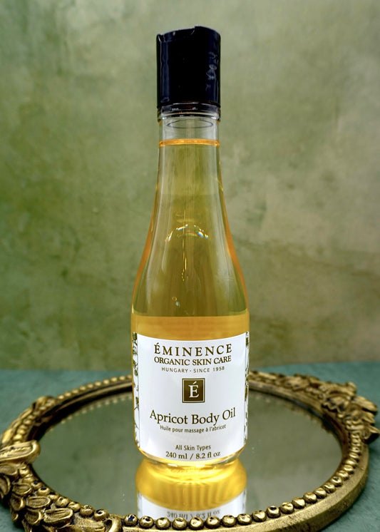 Eminence Apricot Body Oil 8.2 oz bottle with apricot kernel, grape seed, jojoba, sea buckthorn and pomegranate oils