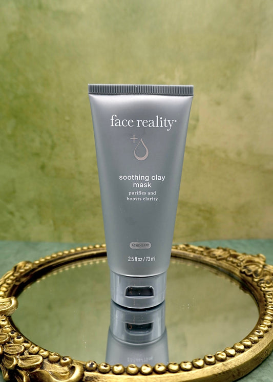 Face Reality Soothing Clay Mask styled product photo, creamy triple clay and charcoal mask for oily and acne-prone skin