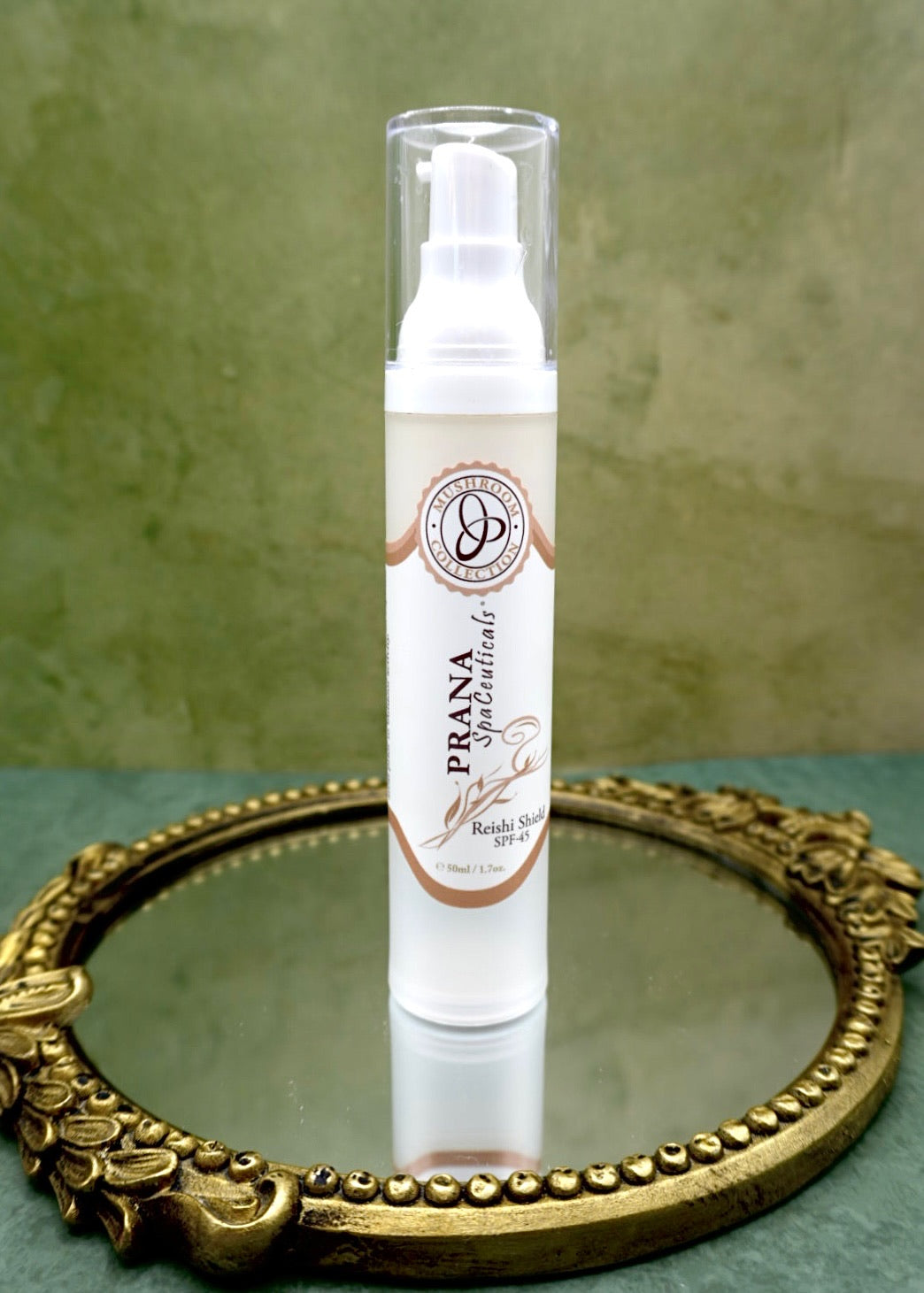 PRANA SpaCeuticals Reishi Shield SPF sunscreen tube, sun protection with reishi mushroom for sensitive skin