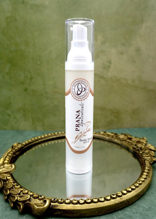 PRANA SpaCeuticals Reishi Shield SPF sunscreen tube, sun protection with reishi mushroom for sensitive skin