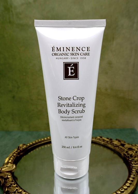 Eminence Stone Crop Revitalizing Body Scrub 8.4 oz, sugar and sea salt body exfoliant with stone crop, lemon peel and green tea