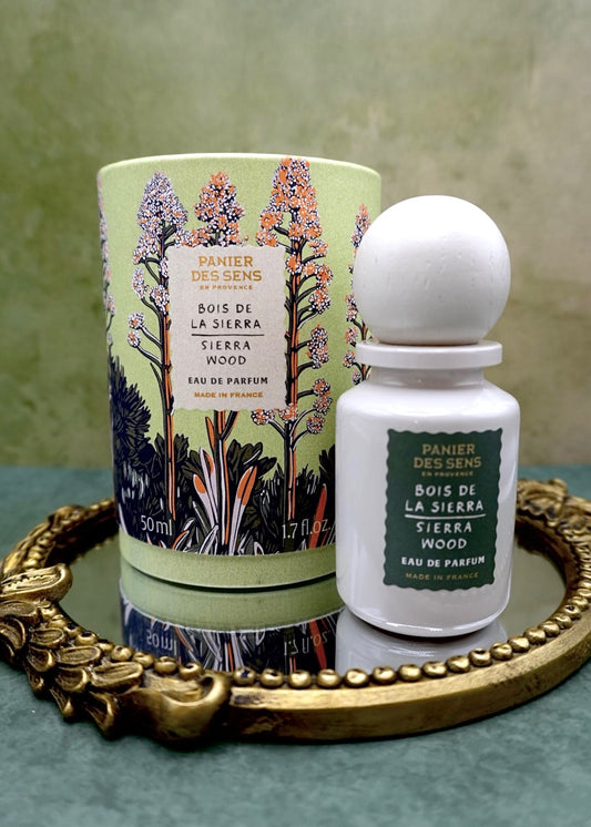 Panier des Sens Sierra Wood Eau de Parfum bottle, woody spicy fragrance with immortelle, cedarwood, sandalwood and patchouli, made in Grasse France