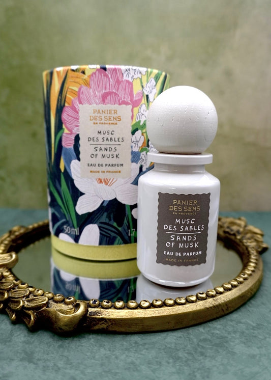 Panier des Sens Sands of Musk Eau de Parfum bottle, jasmine neroli and white musk fragrance made in Grasse France