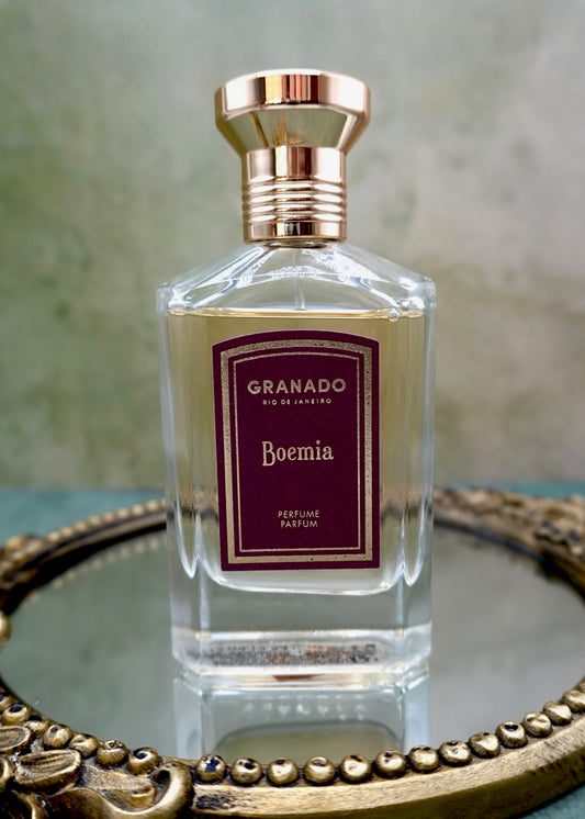 Granado Boemia Eau de Parfum bottle with gold cap, Brazilian apothecary house fragrance from Rio de Janeiro
